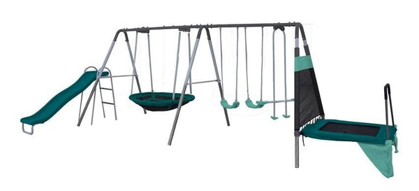 Outdoor Ravine Metal Swing Set Combo, 2 Swings, Glider, Trampoline & Saucer U5408