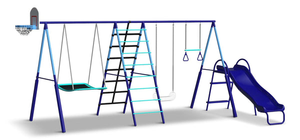 Sunset Slam Kids' 7-Station LED Metal Swing Set Combo with Basketball Hoop & Slide Z5285